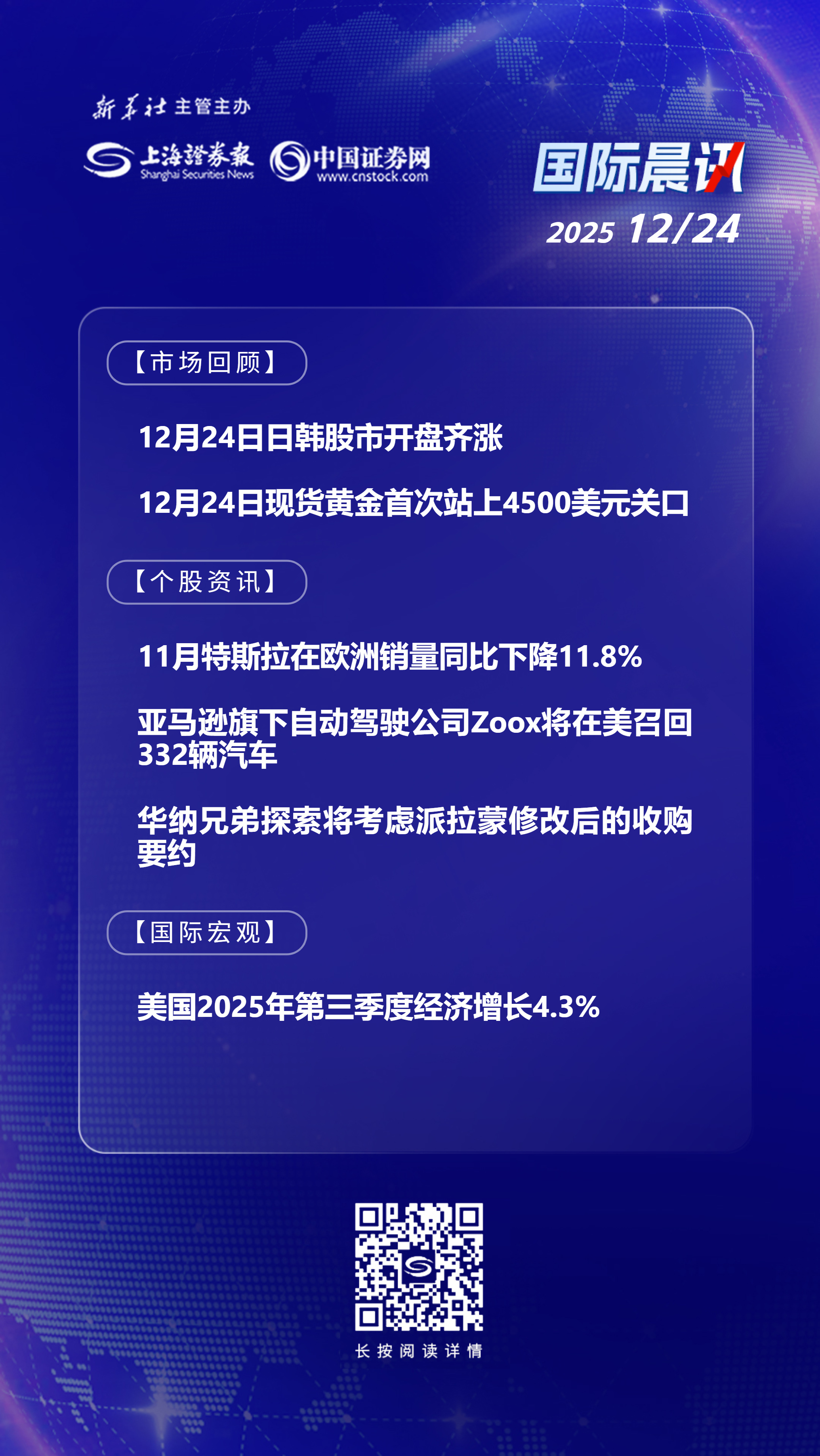 12月24日国际晨讯丨现货黄金首次站上4500美元关口美国2025年第三季度经济增长4.3%-上海证券报·中国证券网