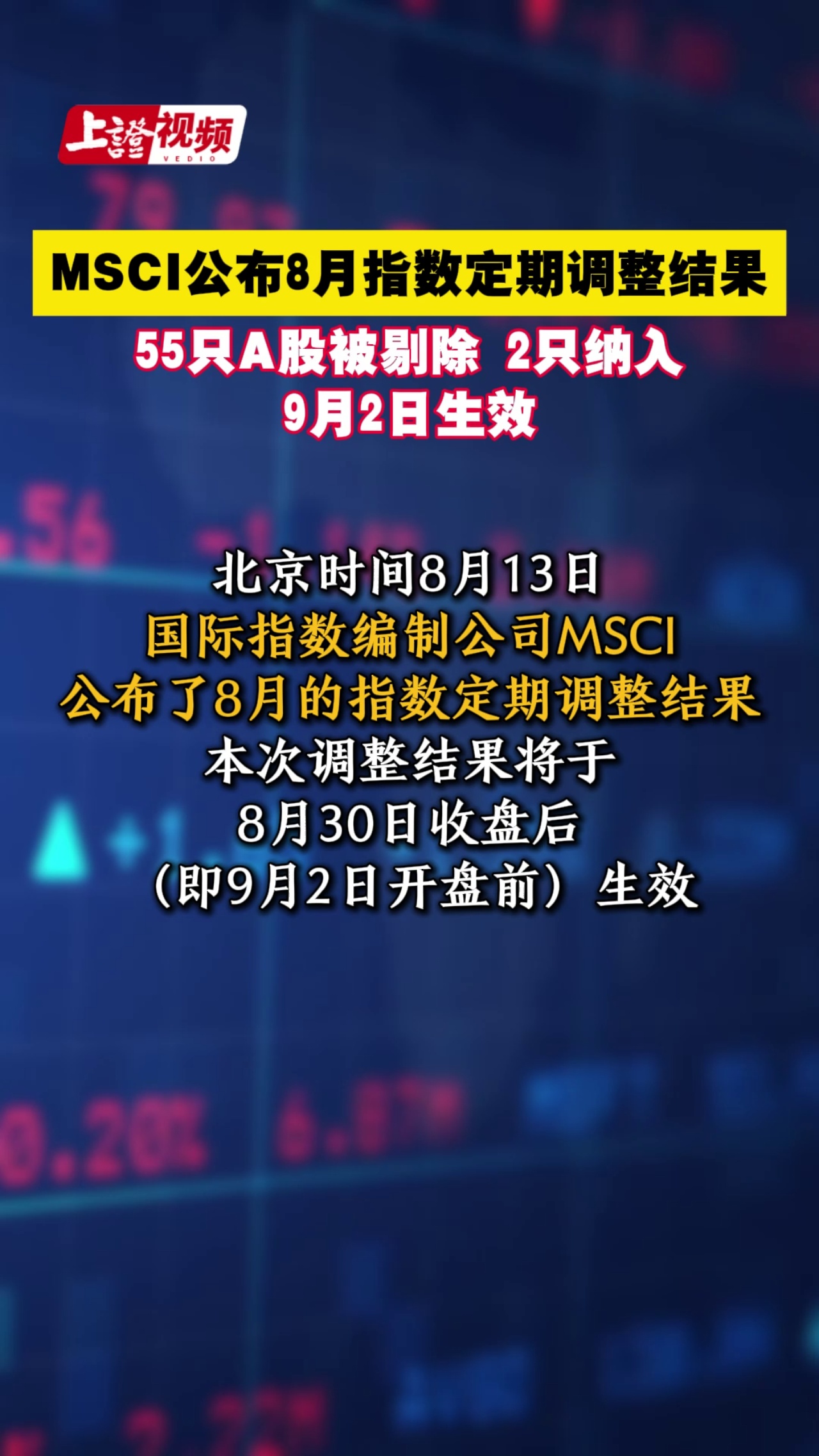 MSCI公布8月指数定期调整结果 55只A股被剔除 2只纳入 9月2日生效