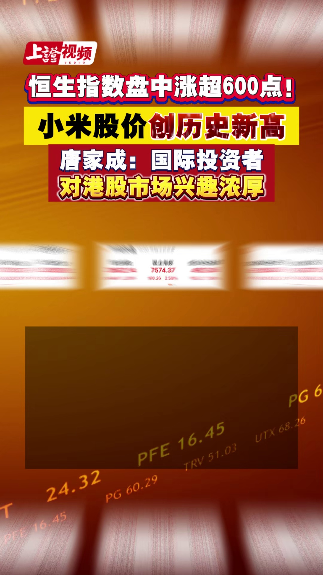 恒生指数盘中涨超600点！小米股价创历史新高 唐家成：国际投资者对港股市场兴趣浓厚
