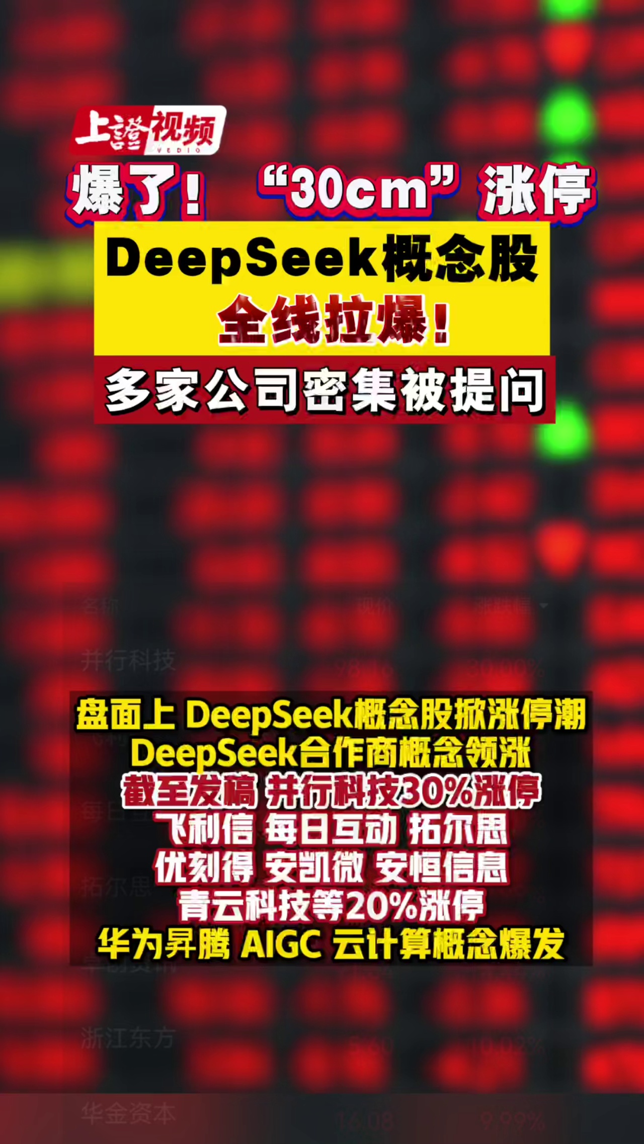 爆了！“30cm”漲停，DeepSeek概念股全線拉爆，多家公司密集被提問