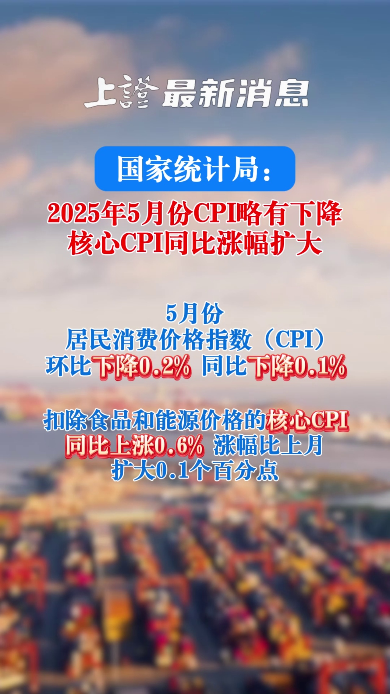 国家统计局：2025年5月份CPI略有下降 核心CPI同比涨幅扩大